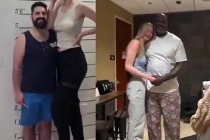 真的好高啊！奥尼尔此前和世界上最高职业女模特合影